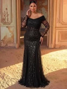 Aureia Plus Size Elegant Glamorous Black Sequin Embroidered Contrast Mesh Off-Shoulder Sheer Sleeve Fish Tail Hem With Triangle Mesh Patchwork Evening Gown Suitable For Evening Party Ball Date Vacation Wedding Event Music Festival Dinner (Heavy Workmanship Design) - Black - View 5