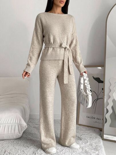 Cloudara Belted Soft Knit Casual Beige Lounge Set