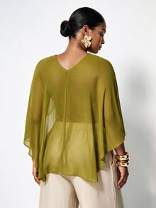 Zivah New Fall/Winter Plus Size Women's Mustard Green Asymmetrical Chiffon Top/ Elegant/Autumn/Holiday/Festival/Vacation/Boho/Commuter/Concert/Travel - Olive Green - View 3