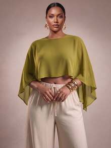 Zivah New Fall/Winter Plus Size Women's Mustard Green Asymmetrical Chiffon Top/ Elegant/Autumn/Holiday/Festival/Vacation/Boho/Commuter/Concert/Travel - Olive Green - View 2