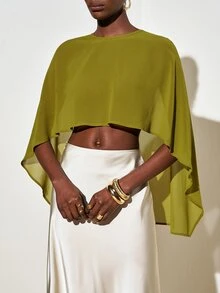 Zivah New Fall/Winter Plus Size Women's Mustard Green Asymmetrical Chiffon Top/ Elegant/Autumn/Holiday/Festival/Vacation/Boho/Commuter/Concert/Travel - Olive Green - View 5