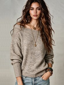 SHEIN Slouchy Oversized Asymmetrical Shoulder Drop Knit Sweater Women Loose Soft Oatmeal Color Atmospheric Long Sleeve Pullover Knit Top - Apricot - View 8