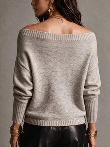 SHEIN Slouchy Oversized Asymmetrical Shoulder Drop Knit Sweater Women Loose Soft Oatmeal Color Atmospheric Long Sleeve Pullover Knit Top - Apricot - View 2