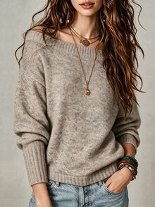 SHEIN Slouchy Oversized Asymmetrical Shoulder Drop Knit Sweater Women Loose Soft Oatmeal Color Atmospheric Long Sleeve Pullover Knit Top - Apricot - View 1