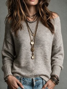 SHEIN Slouchy Oversized Asymmetrical Shoulder Drop Knit Sweater Women Loose Soft Oatmeal Color Atmospheric Long Sleeve Pullover Knit Top - Apricot - View 6