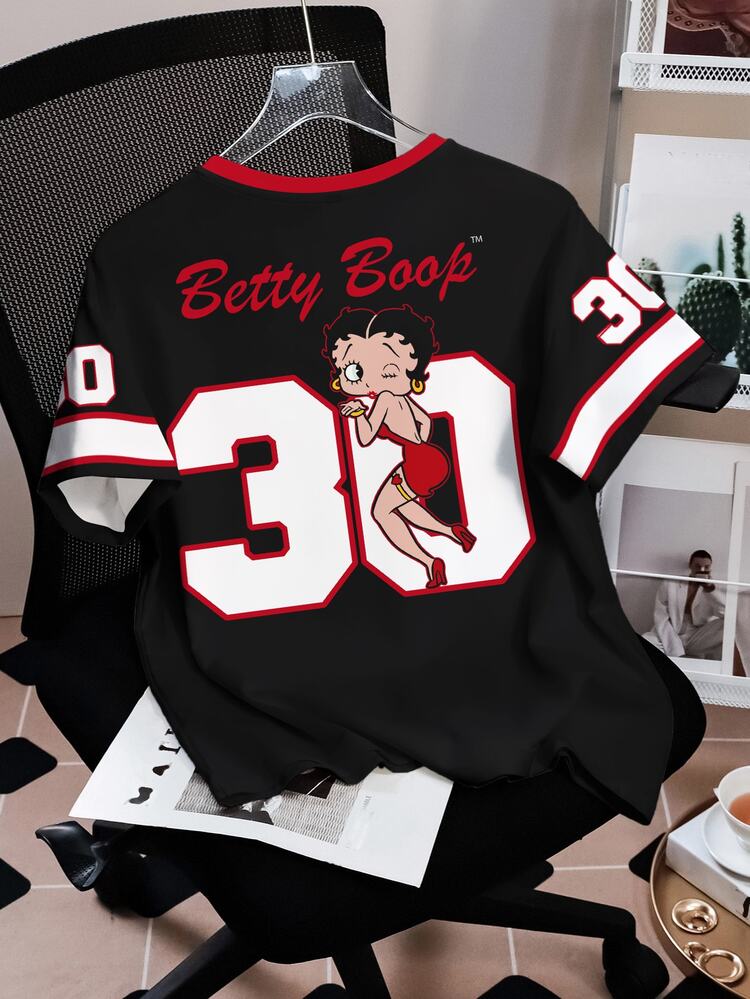 Betty Boop x SHEIN Women's Casual Colorblock Cartoon Pattern Round Neck Short Sleeve T-Shirt, Summer - White - View 2