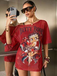 Betty Boop x SHEIN Figure & Letter Graphic Drop Shoulder Mesh Top Without Bra - Red - View 1