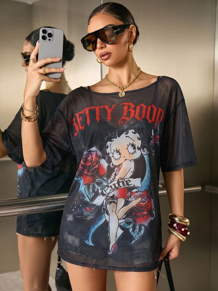 Betty Boop x SHEIN 女士不对称领口网纱短袖宽松上衣 - 黑色 - 查看 1