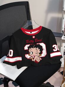 Betty Boop x SHEIN X Women's Casual Graphic Print Round Neck Short Sleeve Cropped T-Shirt - White - View 4