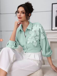 Modelyn 優雅商務休閒鼠尾草綠珠飾花卉落肩袖時尚女式襯衫 辦公室秋季款 - 綠色 - 查看 8