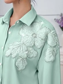 Modelyn 優雅商務休閒鼠尾草綠珠飾花卉落肩袖時尚女式襯衫 辦公室秋季款 - 綠色 - 查看 5