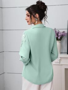 Modelyn 優雅商務休閒鼠尾草綠珠飾花卉落肩袖時尚女式襯衫 辦公室秋季款 - 綠色 - 查看 3