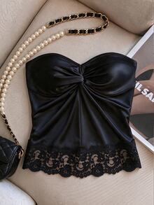INAWLY Women's Solid Color Twisted Design Contrast Lace Fashion Tube Top - Black - View 1
