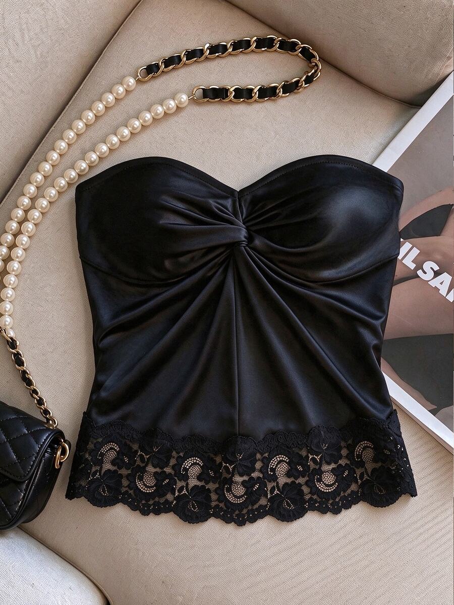 INAWLY Women's Solid Color Twisted Design Contrast Lace Fashion Tube Top - Black - View 1