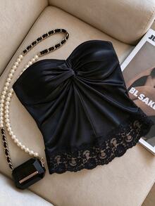 INAWLY Women's Solid Color Twisted Design Contrast Lace Fashion Tube Top - Black - View 6