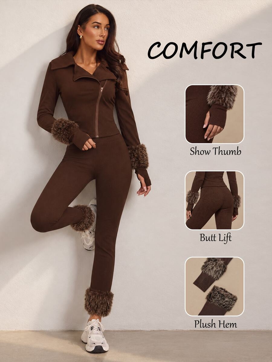SHEIN Glamour Women's Sports Sporty Modest Set, Dark Brown Slim Fit Casual Sports Style, Fall/ Fashion Essential Gym - Brown - View 1