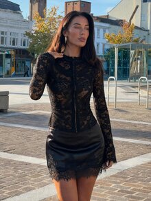 Opulessa 女款街頭優雅性感蕾絲長袖上衣，適合約會之夜、雞尾酒會、萬聖節，黑色花卉秋季款 - 黑色 - 查看 1