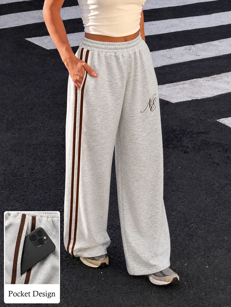 Aidyla Pantalones de chándal de pierna ancha para mujer, color gris jaspeado claro, cintura elástica, rayas laterales, bordado de letras, pantalones largos casuales deportivos para salidas diarias en primavera y otoño - Multicolor - Añade 6