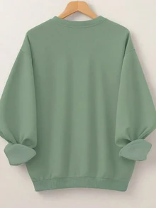 SHEIN CURVE+ 大码女式字母印花圆领卫衣，毕业季、教师节、返校季套头衫，秋冬季 - 橄欖綠 - 查看 2