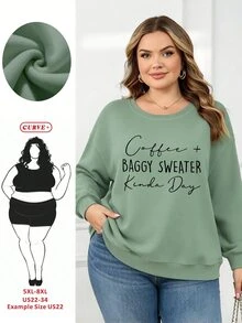 SHEIN CURVE+ 大码女式字母印花圆领卫衣，毕业季、教师节、返校季套头衫，秋冬季 - 橄欖綠 - 查看 1