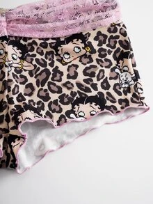 Betty Boop x SHEIN طقم بيجامة نسائي من الحرير مكون من ملابس علوية كامي بتصميم بقع النمر والدانتيل وشورت - بني - مشاهدة 7