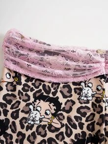 Betty Boop x SHEIN طقم بيجامة نسائي من الحرير مكون من ملابس علوية كامي بتصميم بقع النمر والدانتيل وشورت - بني - مشاهدة 6