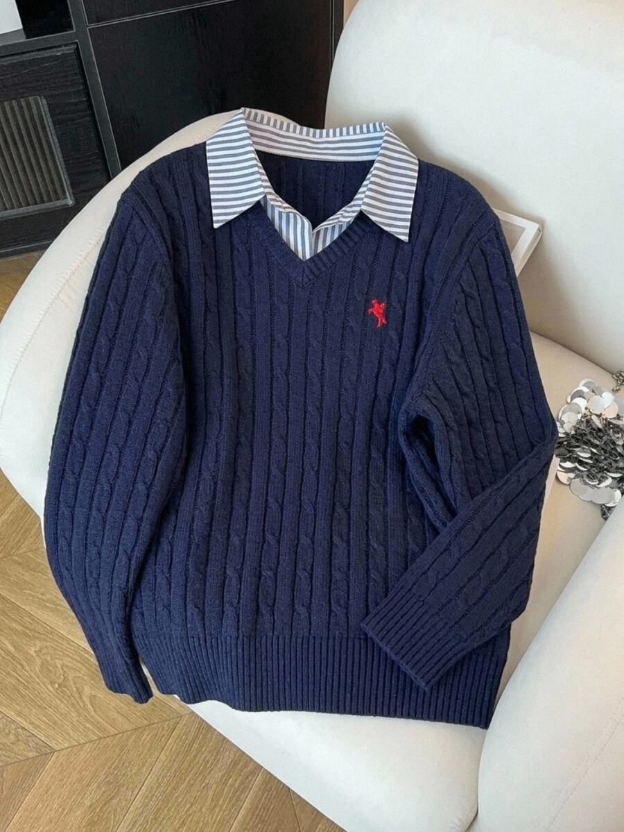 Easowa Curve Plus Size Knight Graphic Striped 2 In 1 Patchwork Casual Everyday Long Sleeve Sweater - Navy Blue - View 1