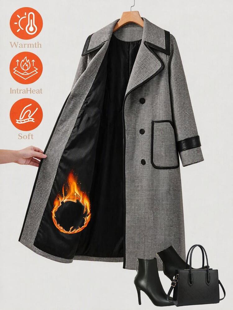 SHEIN Clasi Plus Size Women's Plaid Lapel Neck Long Sleeve Double-Breasted Elegant Business Casual Casual Overcoat Office Evening Formal White Fall - Black and White - View 3