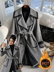 SHEIN Clasi 大尺碼女款格紋翻領長袖雙排扣優雅性感商務休閒大衣，灰色，適合辦公室、晚宴、正式場合，秋冬款 - 黑與白 - 查看 1