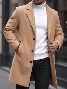 Manfinity Homme معطف طويل للرجال بلون موحد مع جيب وأزرار أمامية وأكمام طويلة، مناسب للخريف والشتاء والمناسبات الرسمية - كاكي - مشاهدة 1