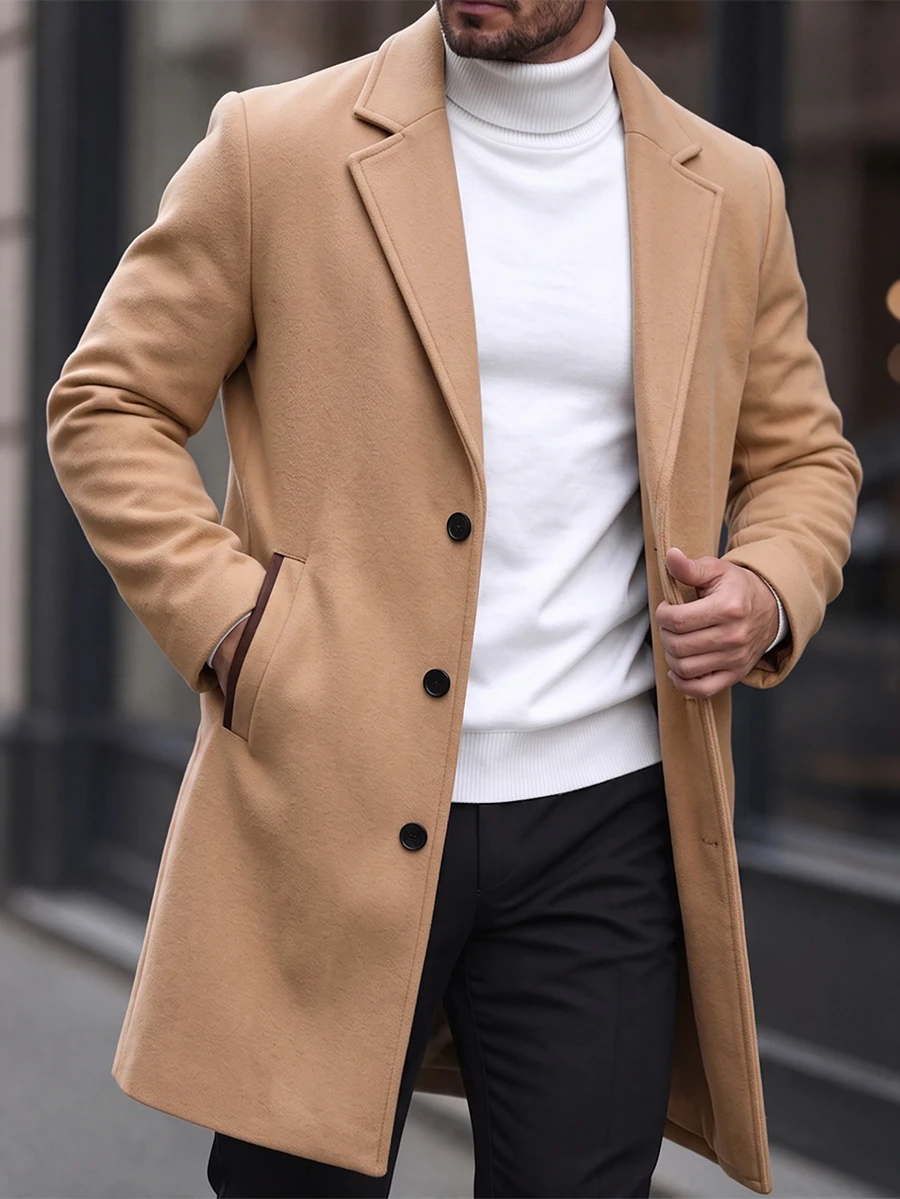 Manfinity Homme معطف طويل للرجال بلون موحد مع جيب وأزرار أمامية وأكمام طويلة، مناسب للخريف والشتاء والمناسبات الرسمية - كاكي - مشاهدة 1