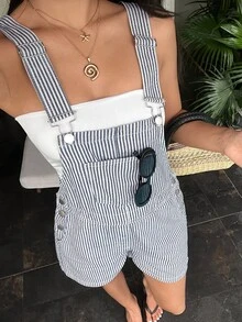 Rivivi Summer Casual Striped Denim Overalls - Blue - View 8