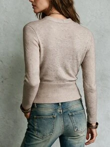 SHEIN Cross Wrap V Neck Knitted Top Women Slim Fit Waist Long Sleeve Base Layer Sweater - Apricot - View 2