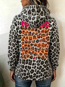 SHEIN LUNE Plus Size Leopard Print Hooded Sweatshirt For Curvy Women, ICONIC Neon Letter World City Back Print Drawstring Pocket Plus Size Casual Pullover Fall - Multicolor - View 6