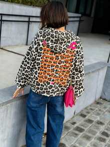 SHEIN LUNE Plus Size Leopard Print Hooded Sweatshirt For Curvy Women, ICONIC Neon Letter World City Back Print Drawstring Pocket Plus Size Casual Pullover Fall - Multicolor - View 4