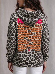 SHEIN LUNE Plus Size Leopard Print Hooded Sweatshirt For Curvy Women, ICONIC Neon Letter World City Back Print Drawstring Pocket Plus Size Casual Pullover Fall - Multicolor - View 9