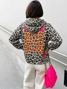 SHEIN LUNE Plus Size Leopard Print Hooded Sweatshirt For Curvy Women, ICONIC Neon Letter World City Back Print Drawstring Pocket Plus Size Casual Pullover Fall - Multicolor - View 3