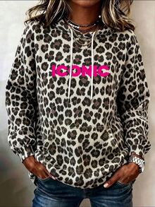 SHEIN LUNE Plus Size Leopard Print Hooded Sweatshirt For Curvy Women, ICONIC Neon Letter World City Back Print Drawstring Pocket Plus Size Casual Pullover Fall - Multicolor - View 5