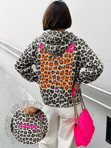 SHEIN LUNE Plus Size Leopard Print Hooded Sweatshirt For Curvy Women, ICONIC Neon Letter World City Back Print Drawstring Pocket Plus Size Casual Pullover Fall - Multicolor - View 8