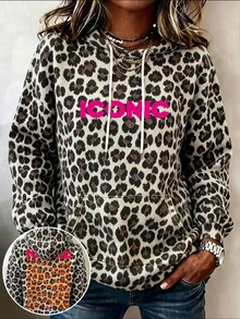 SHEIN LUNE Plus Size Leopard Print Hooded Sweatshirt For Curvy Women, ICONIC Neon Letter World City Back Print Drawstring Pocket Plus Size Casual Pullover Fall - Multicolor - View 1