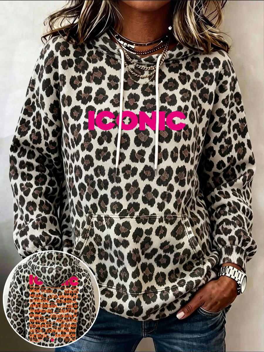 SHEIN LUNE Plus Size Leopard Print Hooded Sweatshirt For Curvy Women, ICONIC Neon Letter World City Back Print Drawstring Pocket Plus Size Casual Pullover Fall - Multicolor - View 1