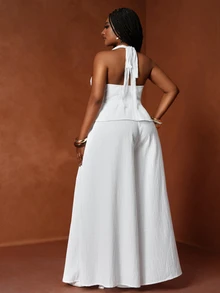 Zivah New Backless Textured Crop Top And Wide Leg Pants Set, Sexy Party/Back To School Look, Plus Size, All White Party Outfit - White - View 5