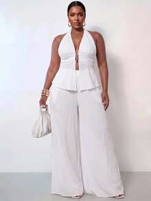 Zivah New Backless Textured Crop Top And Wide Leg Pants Set, Sexy Party/Back To School Look, Plus Size, All White Party Outfit - White - View 2