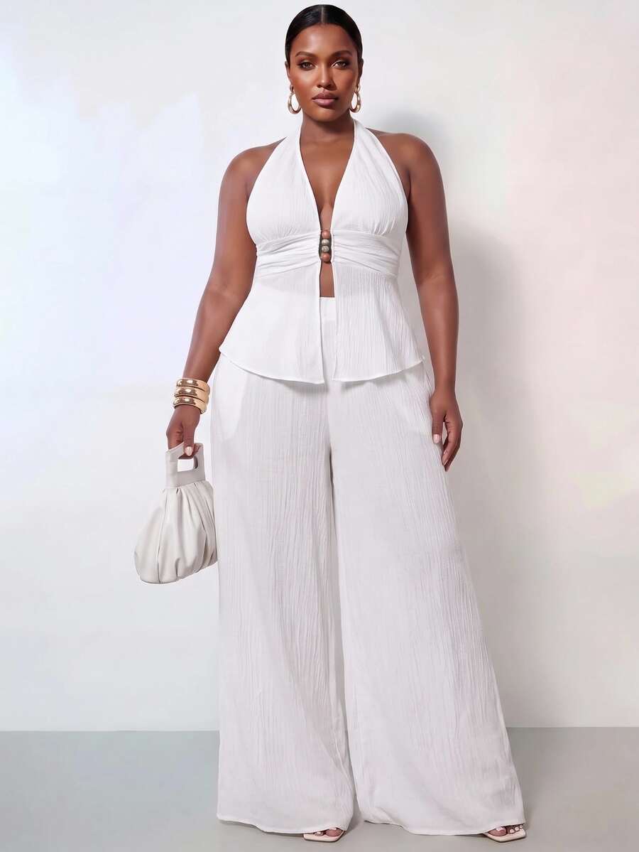 Zivah New Backless Textured Crop Top And Wide Leg Pants Set, Sexy Party/Back To School Look, Plus Size, All White Party Outfit