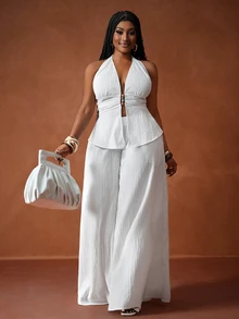 Zivah New Backless Textured Crop Top And Wide Leg Pants Set, Sexy Party/Back To School Look, Plus Size, All White Party Outfit - White - View 8
