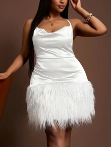 Zivah White Summer Elwgant Night Out Club Party Women's Plus Size Sleeveless Scooped Neck Patchwork Furry Hem Mini Dress,Shiny Knit Fabric Evening Formal - White - View 3