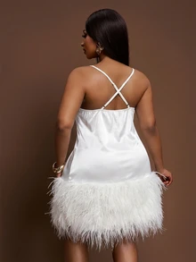 Zivah White Summer Elwgant Night Out Club Party Women's Plus Size Sleeveless Scooped Neck Patchwork Furry Hem Mini Dress,Shiny Knit Fabric Evening Formal - White - View 4