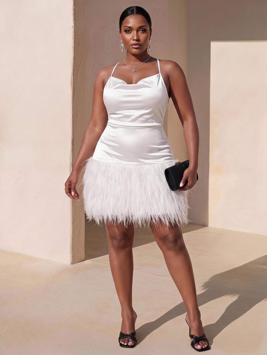 Zivah White Summer Elwgant Night Out Club Party Women's Plus Size Sleeveless Scooped Neck Patchwork Furry Hem Mini Dress,Shiny Knit Fabric Evening Formal - White - View 1