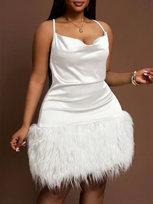 Zivah White Summer Elwgant Night Out Club Party Women's Plus Size Sleeveless Scooped Neck Patchwork Furry Hem Mini Dress,Shiny Knit Fabric Evening Formal - White - View 10
