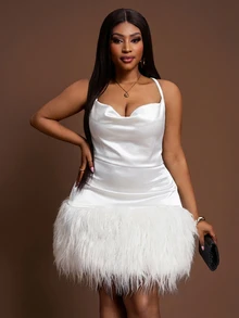 Zivah White Summer Elwgant Night Out Club Party Women's Plus Size Sleeveless Scooped Neck Patchwork Furry Hem Mini Dress,Shiny Knit Fabric Evening Formal - White - View 9